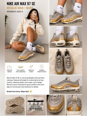 Nike Air Max 97 SE Metallic Gold Silver Sneakers Women’s Size 8 AQ4137-700